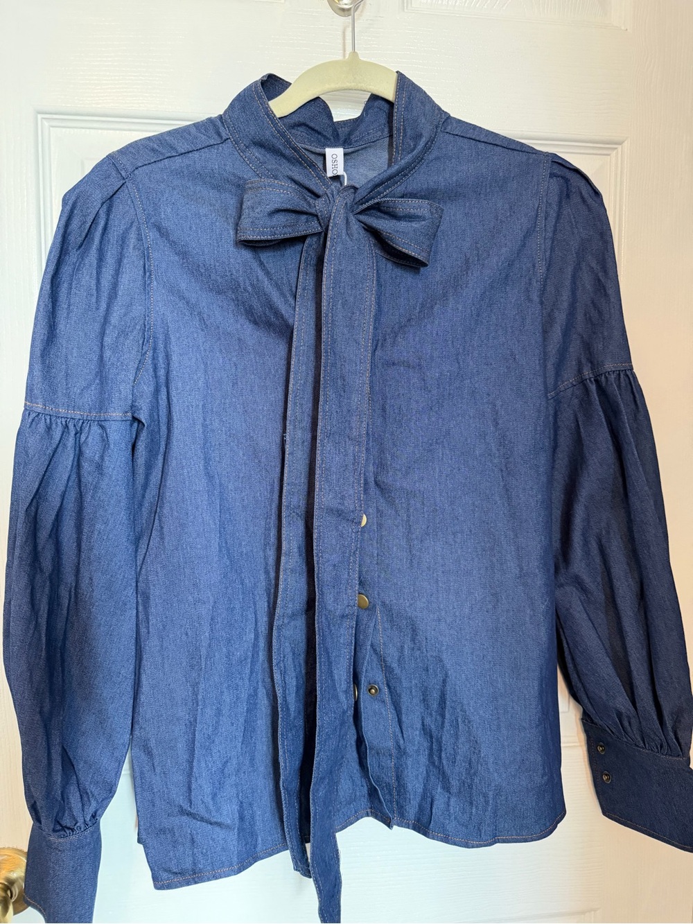 Classic Woman’s Tie-Neck Denim Shirt - Blue